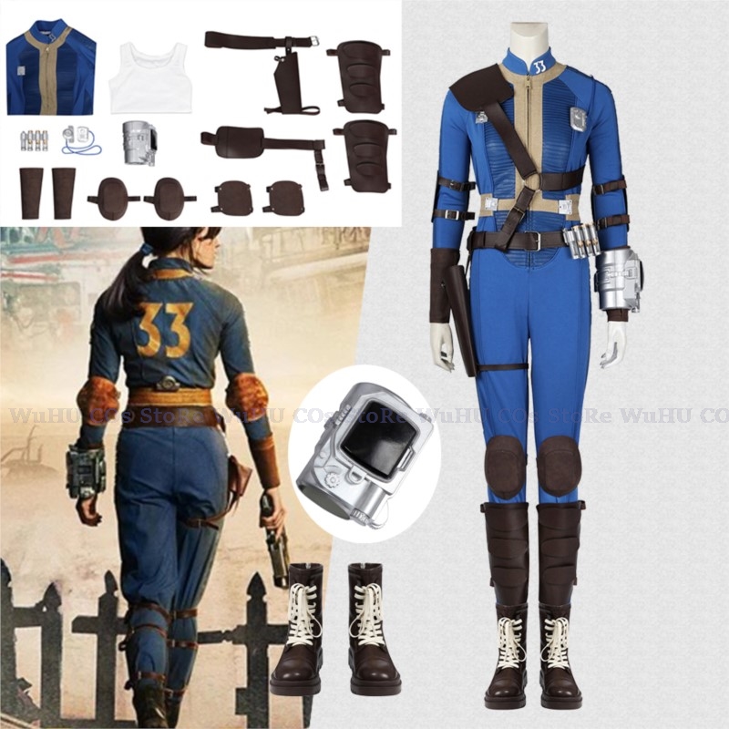 Fallout Cosplay Prop - ชุดจั๊มสูทสำหรับสำหรับท่านชายหญิง33ของผู้หญิงลูซี่ชุดคอสเพลย์ผู้หญิงห้องนิรภัยชุดยูนิฟอร์มรองเท้าพร็อพสำหรับงานปาร์ตี้ฮาโลวีน