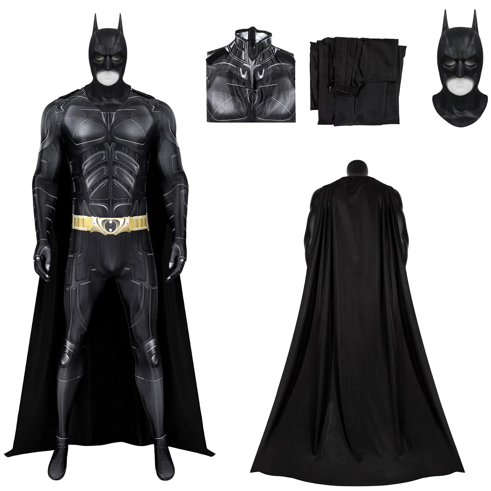 Cosplay Bat Prop - ชุดคอสเพลย์ซูเปอร์ฮีโร่ค้างคาวสำหรับผู้ใหญ่ ชุดจั๊มสูทอัศวินพร้อมผ้าคลุมและหน้ากากสำหรับงานปาร์ตี้ฮาโลวีน สีดำ