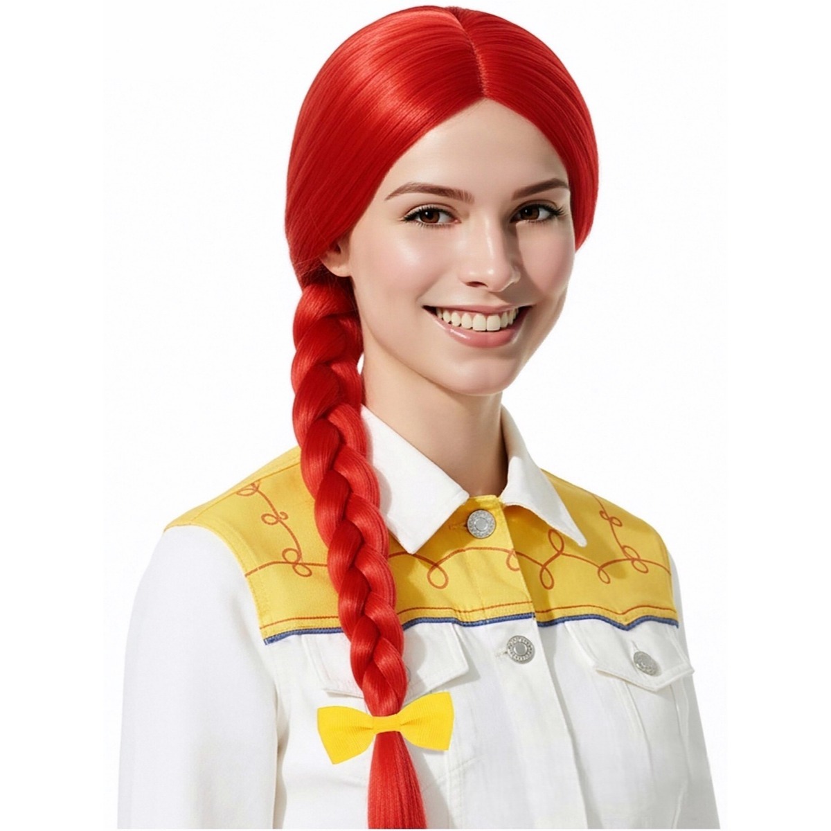 Cosplay Prop Bow - วิกผมยาวตรงสีแดงสด 61 ซม. หางม้าถักเปีย โบว์สีเหลือง วัสดุสังเคราะห์